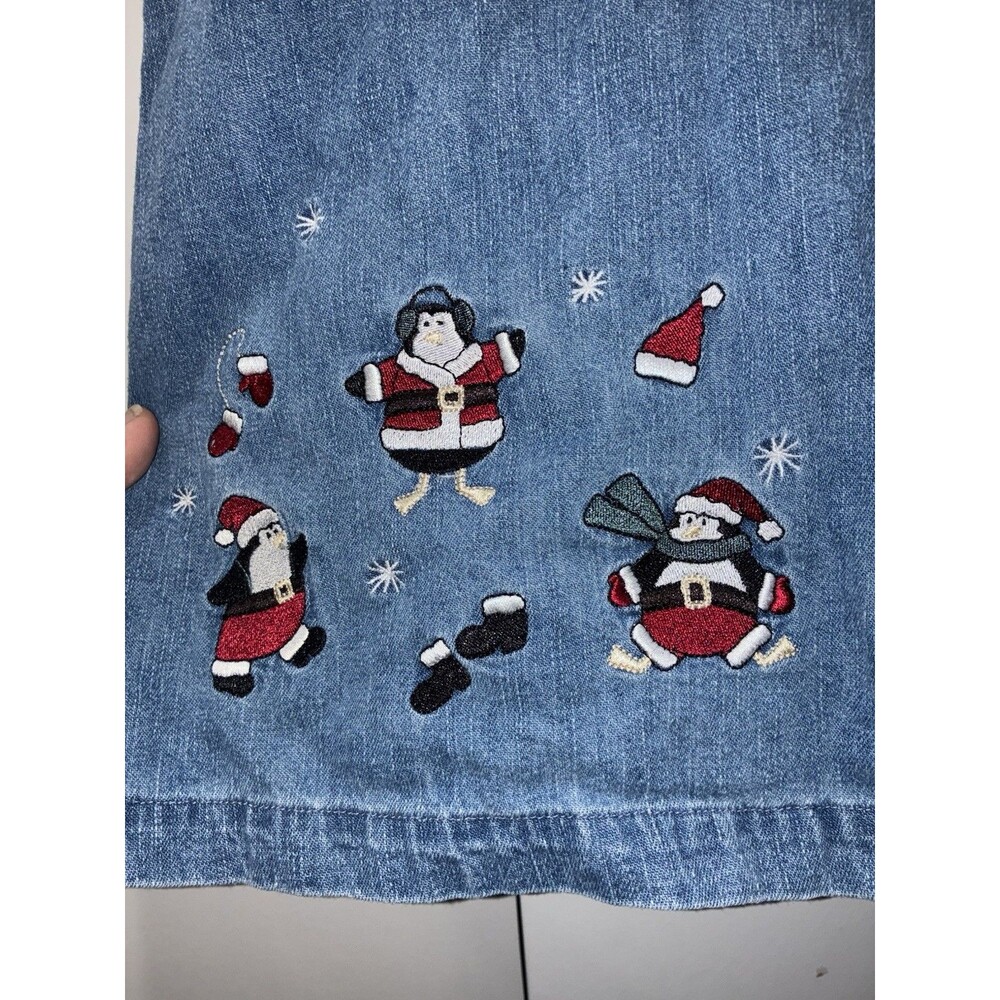 CJ Banks Christmas Santa Penguin Embroidered Denim Shirt 100% Cotton Button Down